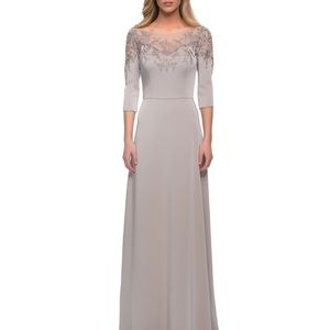 {La Femme} Embroidered Illusion Neck Gown